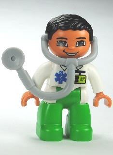 Duplo Figure Lego Ville, Male Medic, Bright Green Legs, White Top with ID Badge and EMT Star of Life Pattern, Attached Stethoscope