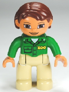 Duplo Figure Lego Ville, Female, Tan Legs, Green Top with 'ZOO' on Front and Back, Reddish Brown Hair, Brown Eyes (Zoo Worker)