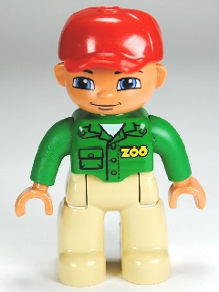 Duplo Figure Lego Ville, Male, Tan Legs, Green Top with 'ZOO' on Front and Back, Red Cap, Blue Eyes (Zoo Worker)