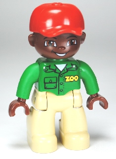 Duplo Figure Lego Ville, Male, Tan Legs, Green Top with 'ZOO' on Front and Back, Brown Head, Red Cap, Brown Head, Brown Eyes (Zoo Worker)