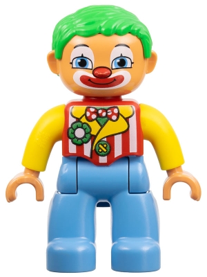 Duplo Figure Lego Ville, Male Clown, Medium Blue Legs, Striped Jacket, Bow Tie, Green Hair