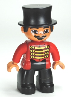 Duplo Figure Lego Ville, Male Circus Ringmaster, Black Legs, Red Top with Gold Braid, Top Hat, Brown Eyes