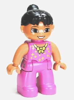 Duplo Figure Lego Ville, Female Tightrope Walker, Dark Pink Legs and Top with Gold Bow and Stars, Black Ponytail Hair, Brown Eyes