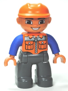 Duplo Figure Lego Ville, Male, Dark Bluish Gray Legs, Orange Vest with Zipper and Pockets, Orange Construction Helmet