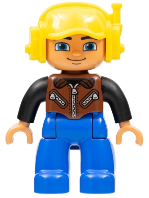 Duplo Figure Lego Ville, Male, Blue Legs, Brown Vest with Zipper and Zippered Pockets, Yellow Cap with Headset