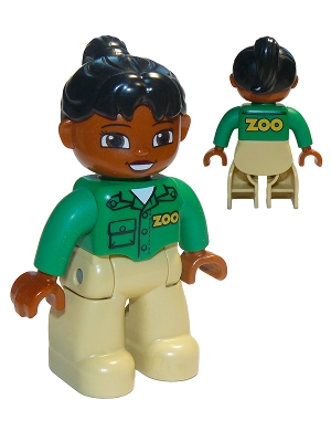 Duplo Figure Lego Ville, Female, Tan Legs, Green Top with 'ZOO' on Front and Back, Black Ponytail Hair, Brown Head (Zoo Worker)