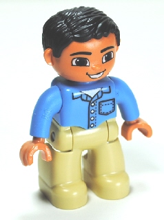 Duplo Figure Lego Ville, Male, Tan Legs, Medium Blue Shirt with Pocket and 4 Buttons, Black Hair