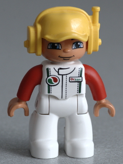 Duplo Figure Lego Ville, Male, White Legs, White Race Top with Octan Logo, Yellow Cap with Headset