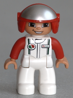 Duplo Figure Lego Ville, Male, White Legs, White Race Top with Octan Logo, Red Helmet