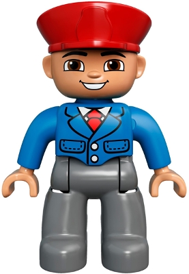 Duplo Figure Lego Ville, Male, Dark Bluish Gray Legs, Blue Jacket with Tie, Red Hat, Smile with Teeth &#40;Train Conductor&#41;