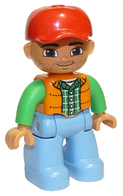 Duplo Figure Lego Ville, Male, Medium Blue Legs, Orange Vest, Dark Green Plaid Shirt, Bright Green Arms, Red Cap