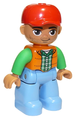Duplo Figure Lego Ville, Male, Medium Blue Legs, Orange Vest, Dark Green Plaid Shirt, Bright Green Arms, Red Cap, Oval Eyes