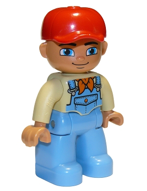 Duplo Figure Lego Ville, Male, Medium Blue Legs, Tan Top with Medium Blue Overalls, Bandana, Red Cap