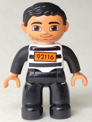Duplo Figure Lego Ville, Male, Black Legs, Black and White Striped Top with Number 92116, Black Hair &#40;Prisoner&#41;