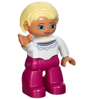 Duplo Figure Lego Ville, Female, Magenta Legs, White Sweater with Blue Pattern, Bright Light Yellow Hair, Blue Eyes