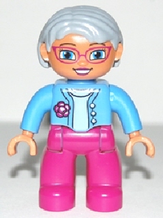 Duplo Figure Lego Ville, Female, Magenta Legs, Medium Blue Top with Flower, Light Bluish Gray Hair, Blue Eyes, Glasses