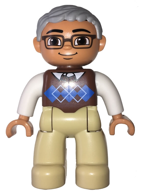 Duplo Figure Lego Ville, Male, Tan Legs, Reddish Brown Argyle Sweater Vest, White Arms, Light Bluish Gray Hair, Glasses