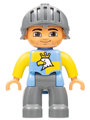 Duplo Figure Lego Ville, Male Castle, Dark Bluish Gray Legs, Blue and Yellow Chest with Crowned Eagle, Helmet