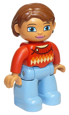 Duplo Figure Lego Ville, Female, Medium Blue Legs, Red Sweater with Diamond Pattern, Reddish Brown Hair, Blue Eyes
