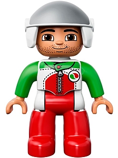 Duplo Figure Lego Ville, Male, Red Legs, Race Top with Zipper and Octan Logo, White Helmet
