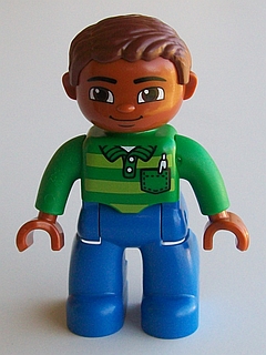 Duplo Figure Lego Ville, Male, Blue Legs, Green Top with Pen, Reddish Brown Hair