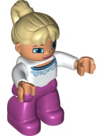 Duplo Figure Lego Ville, Female, Magenta Legs, White Sweater with Blue Flowers Pattern, Tan Ponytail Hair, Blue Eyes