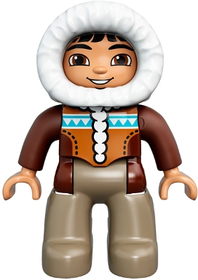 Duplo Figure Lego Ville, Male, Dark Tan Legs, Reddish Brown Hooded Parka, Brown Eyes