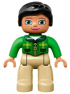 Duplo Figure Lego Ville, Female, Tan Legs, Green Top with Tartan Pattern, Black Hair
