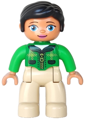 Duplo Figure Lego Ville, Female, Tan Legs, Green Top with Tartan Pattern, Black Hair, Oval Eyes