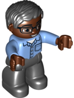 Duplo Figure Lego Ville, Male, Black Legs, Medium Blue Shirt with Pocket, Medium Blue Arms, Brown Head, Glasses, Black Hair