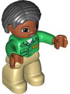 Duplo Figure Lego Ville, Female, Tan Legs, Green Top with 'ZOO' on Front, Brown Head, Black Hair, Brown Eyes