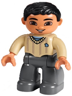 Duplo Figure Lego Ville, Male, Dark Bluish Gray Legs, Tan Sweater, Black Hair, Brown Eyes