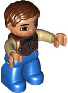 Duplo Figure Lego Ville, Male, Blue Legs, Reddish Brown Jacket with Zippers, Tan Arms, Reddish Brown Hair, Brown Eyes