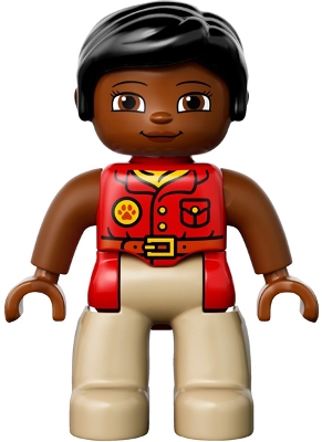 Duplo Figure Lego Ville, Female, Tan Legs, Red Shirt, Black Hair, Reddish Brown Arms