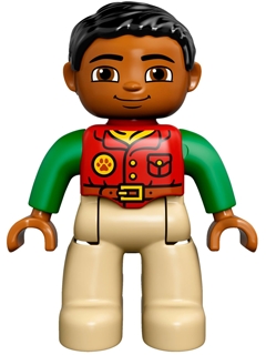 Duplo Figure Lego Ville, Male, Tan Legs, Red Shirt, Black Hair, Bright Green Arms