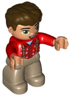 Duplo Figure Lego Ville, Male, Dark Tan Legs, Red Top with Suspenders, Dark Brown Hair
