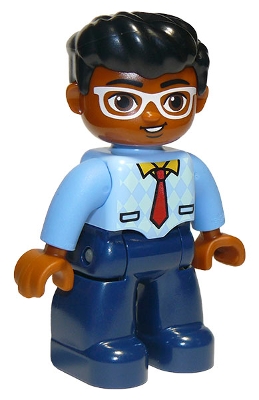 Duplo Figure Lego Ville, Male, Dark Blue Legs, Bright Light Blue Top with Medium Blue Sleeves and Tie Pattern, White Glasses, Black Hair