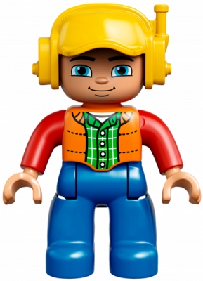 Duplo Figure Lego Ville, Male, Blue Legs, Orange Vest, Dark Green Plaid Shirt, Red Arms, Yellow Cap with Headset