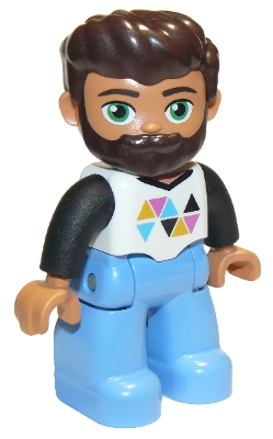 Duplo Figure Lego Ville, Male, Medium Blue Legs, White Top with Triangles, Black Arms, Dark Brown Hair and Beard