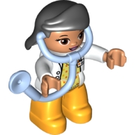 Duplo Figure Lego Ville, Female, Medic, Bright Light Orange Legs, White Top with ID Badge, White Arms, Black Hair, Attached Stethoscope