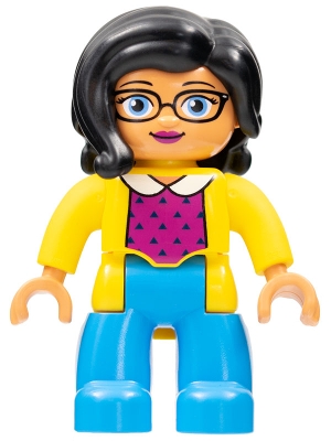 Duplo Figure Lego Ville, Female, Dark Azure Legs, Yellow Jacket, Magenta Top, Black Hair