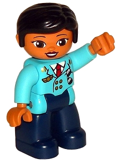 Duplo Figure Lego Ville, Female Pilot, Dark Blue Legs, Medium Azure Top with Red Tie, Black Hair