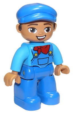 Duplo Figure Lego Ville, Male, Blue Legs, Dark Azure Shirt with Blue Overalls and Red Neckerchief Pattern, Blue Cap