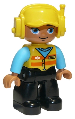 Duplo Figure Lego Ville, Male, Black Legs, Medium Azure Shirt, Yellow Safety Vest with Train Logo, Yellow Cap with Headset