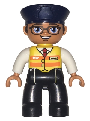 Duplo Figure Lego Ville, Male, Black Legs, White Shirt, Yellow Safety Vest with Train Logo, Dark Blue Hat, Brown Hair and Glasses
