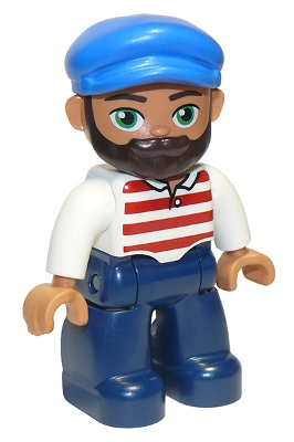 Duplo Figure Lego Ville, Male, Dark Blue Legs, White Shirt with Red Horizontal Stripes, Blue Cap and Beard &#40;10875&#41;