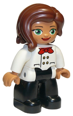 Duplo Figure Lego Ville, Female, Black Legs, White Chefs Top with Red Scarf and Reddish Brown Hair