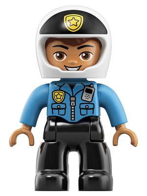 Duplo Figure Lego Ville, Male Police, Black Legs, Dark Azure Top with Badge and Radio, White Helmet with Black Front and Badge