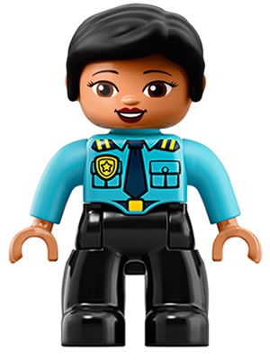 Duplo Figure Lego Ville, Female Police, Black Legs, Medium Azure Top with Badge and Epaulettes, Black Hair