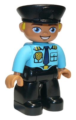 Duplo Figure Lego Ville, Male Police, Black Legs, Medium Azure Top with Badge and Epaulettes, Black Hat with Yellow Hair